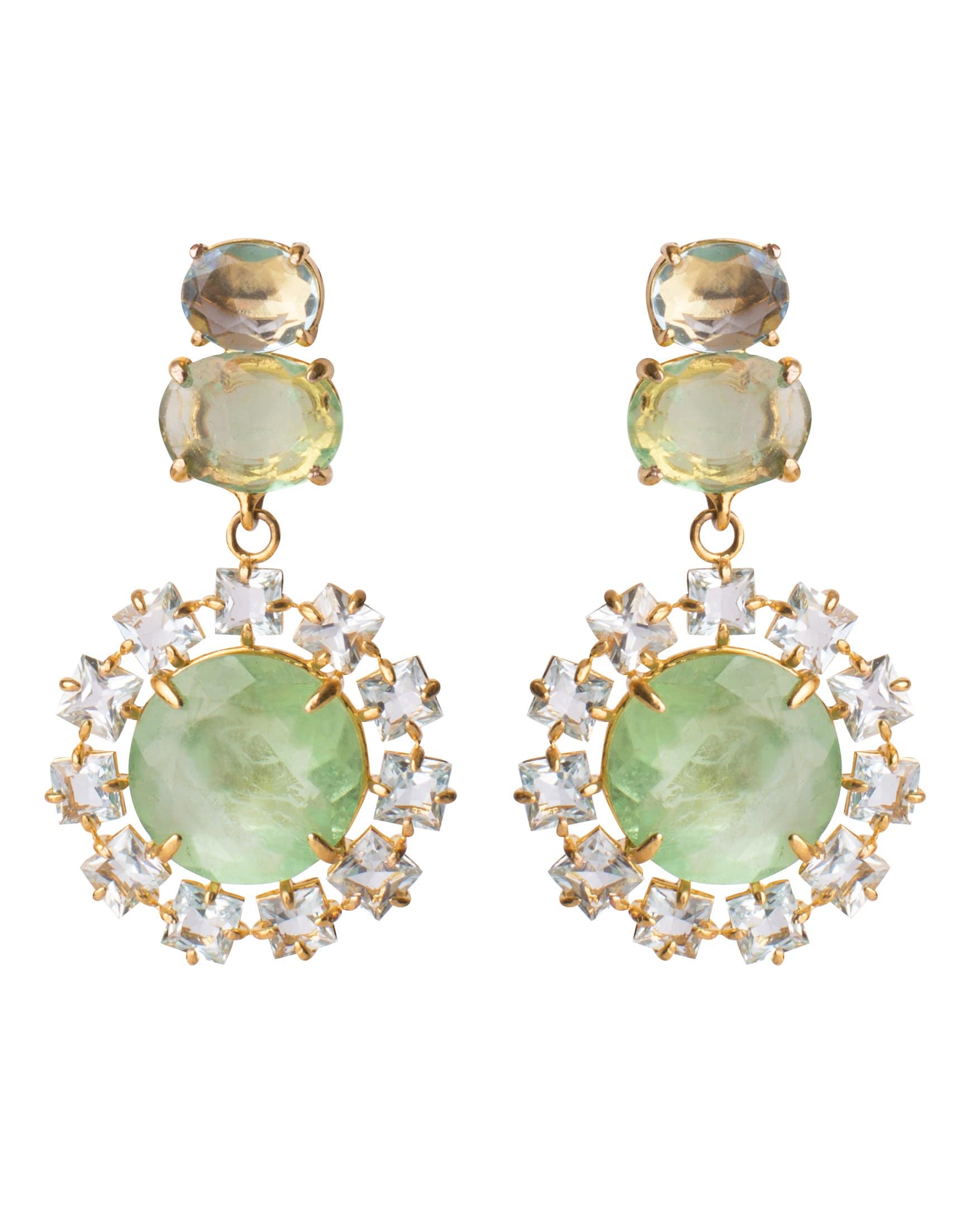 BOUNKIT JEWELRY-2-in-1 Fluorite, Blue Topaz & Blue Quartz Earrings-GOLD