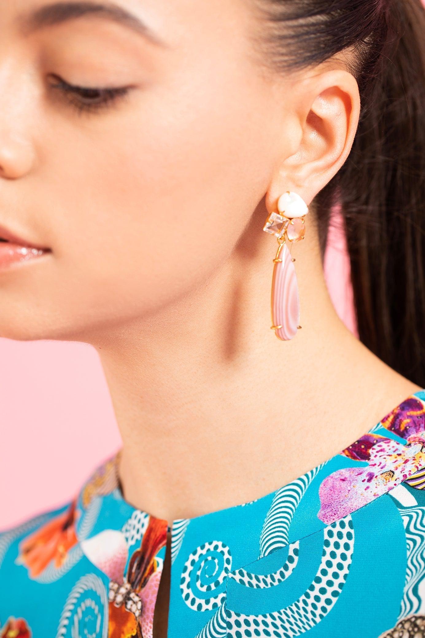 BOUNKIT JEWELRY-Pearl and Rose Quartz Earrings-GOLD