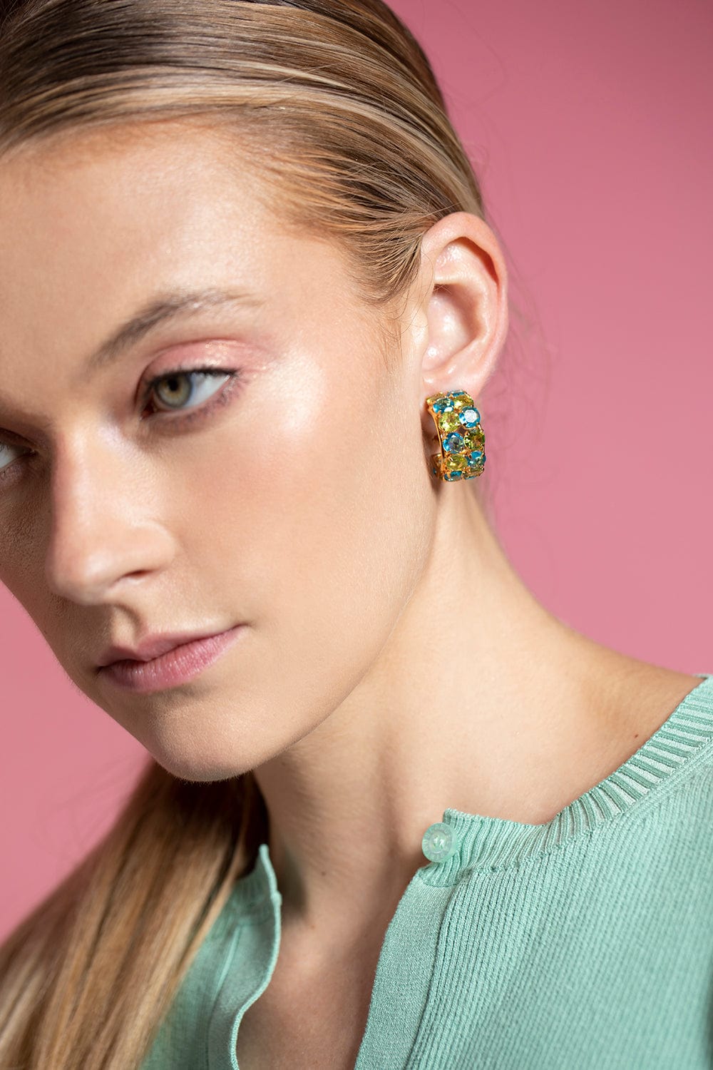 BOUNKIT JEWELRY-Peridot and Swiss Blue Quartz Hoop Earrings-GOLD