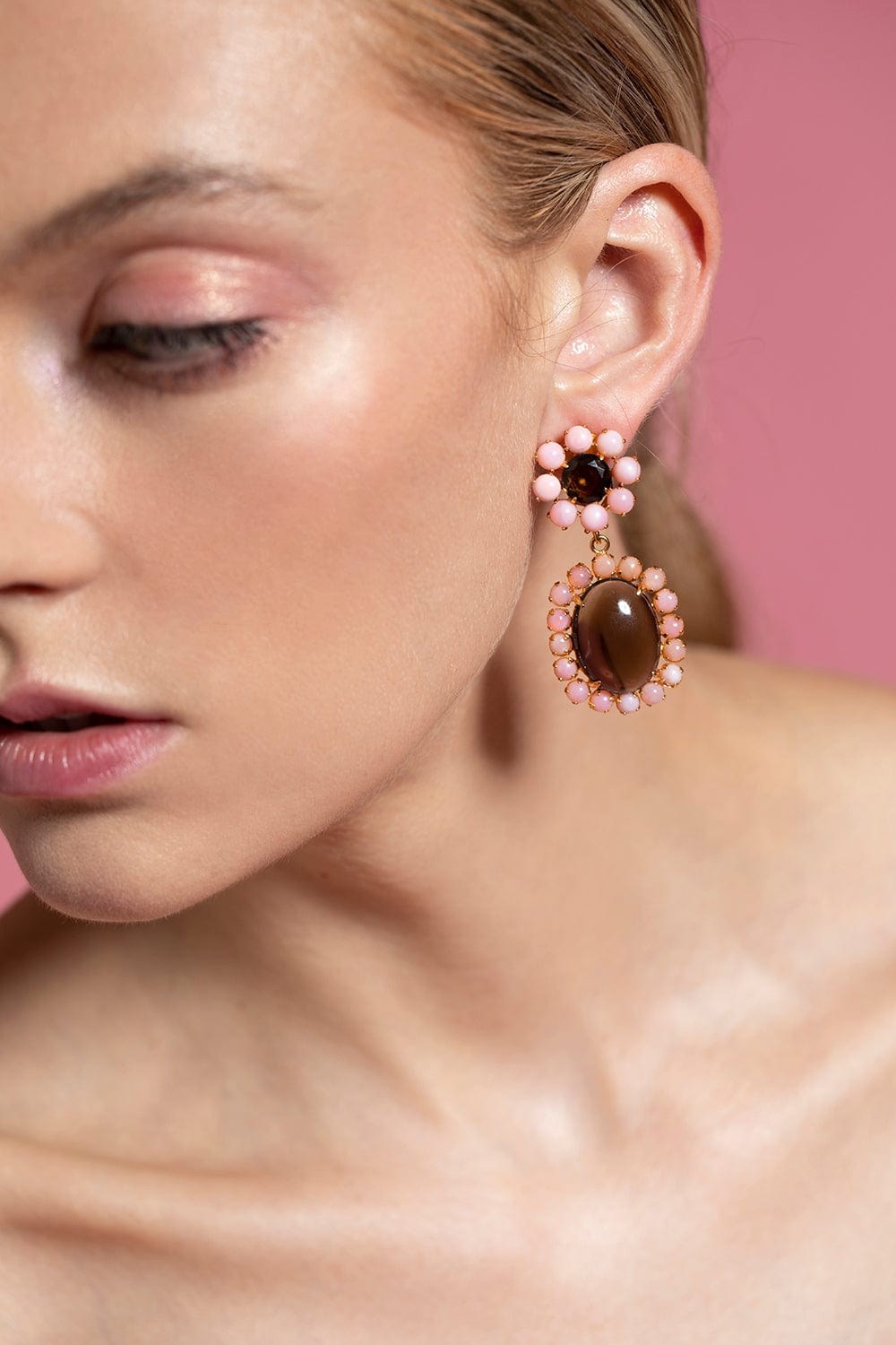 BOUNKIT JEWELRY-Pink Opal and Smoky Quartz Earrings-GOLD