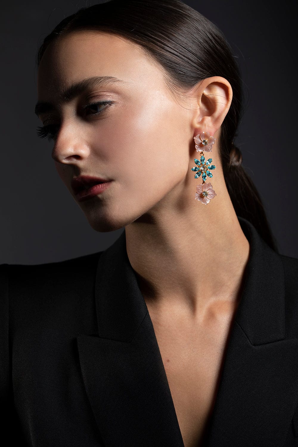 BOUNKIT JEWELRY-Pink Opal & Blue Quartz Flower Earrings-GOLD