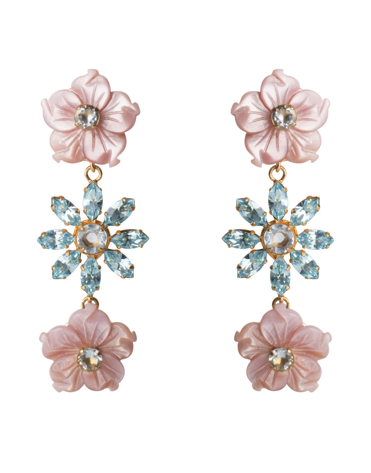 BOUNKIT JEWELRY-Pink Opal & Blue Quartz Flower Earrings-GOLD 