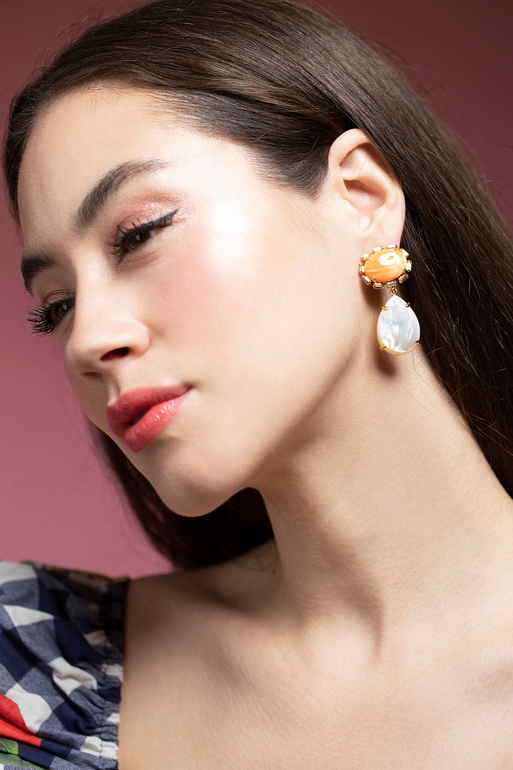 BOUNKIT JEWELRY-Spiny Oyster and Mother of Pearl Drop Earrings-GOLD