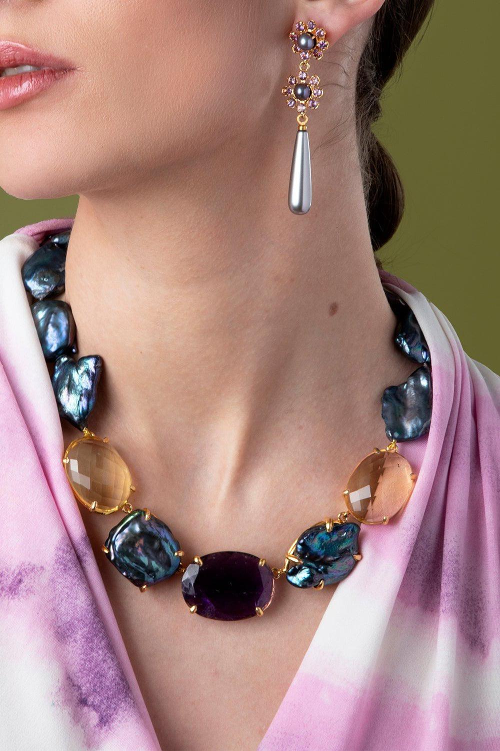 BOUNKIT JEWELRY-Amethyst Pearl Drop Earrings-GRAY