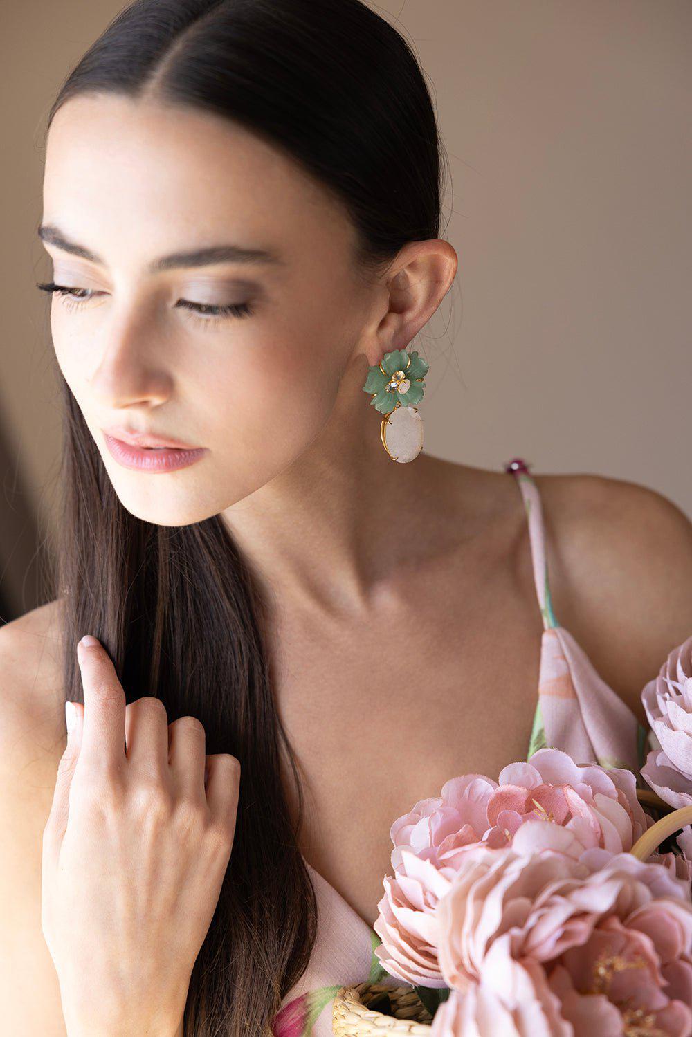 BOUNKIT JEWELRY-Aventurine Flower Earrings-GREEN