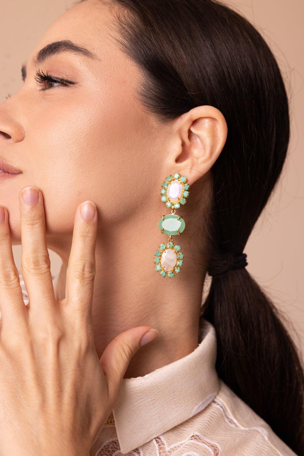 BOUNKIT JEWELRY-Chrysoprase Moonstone Three Drop Earrings-GREEN