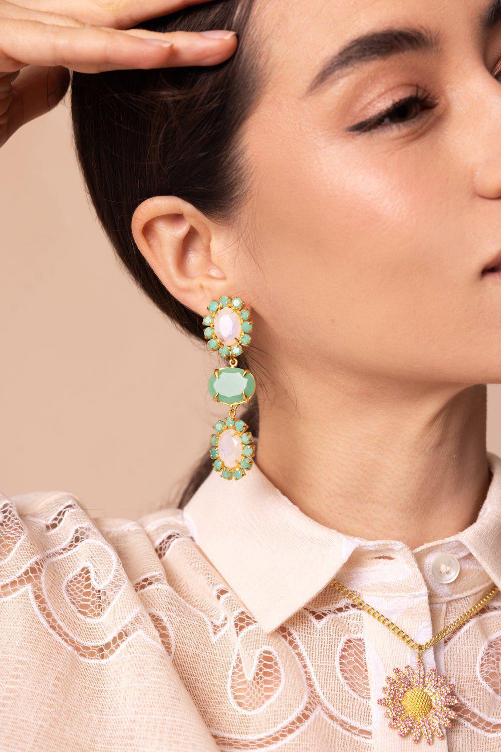 BOUNKIT JEWELRY-Chrysoprase Moonstone Three Drop Earrings-GREEN
