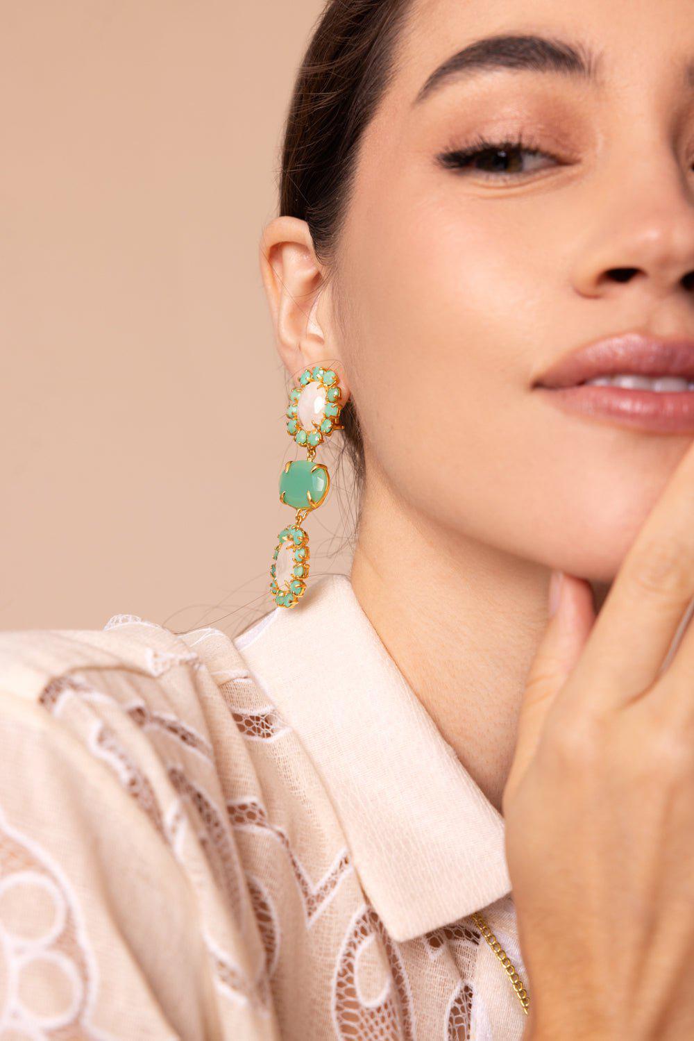 BOUNKIT JEWELRY-Chrysoprase Moonstone Three Drop Earrings-GREEN