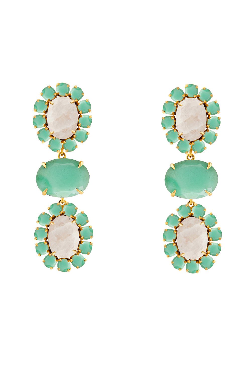 BOUNKIT JEWELRY-Chrysoprase Moonstone Three Drop Earrings-GREEN