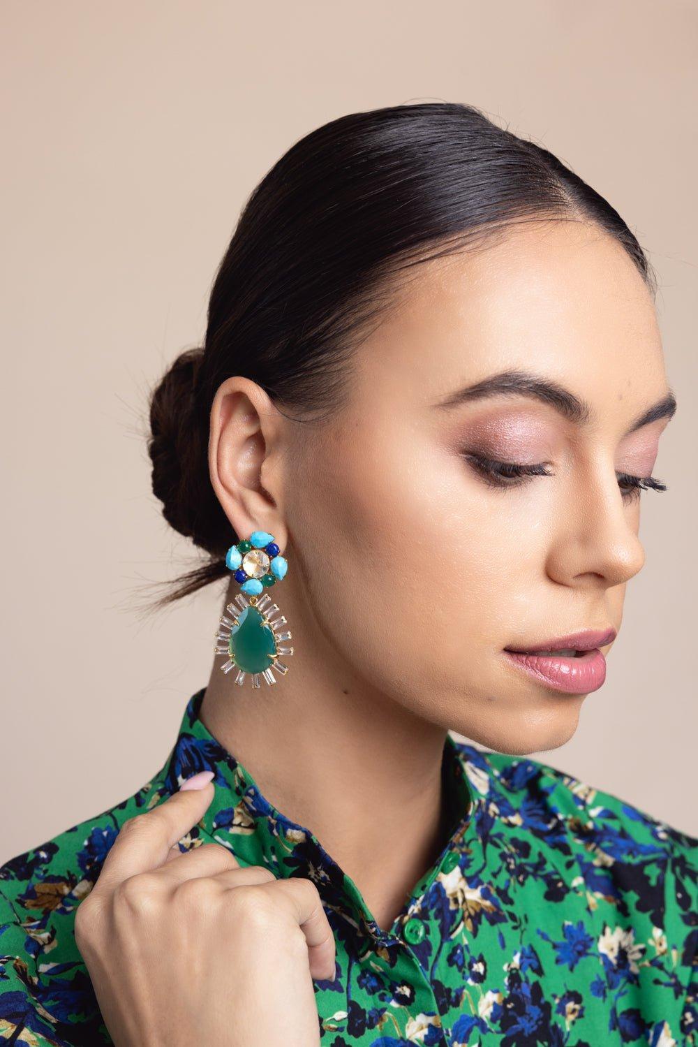 BOUNKIT JEWELRY-Clear Quartz and Green Onyx Earring Set-GREEN