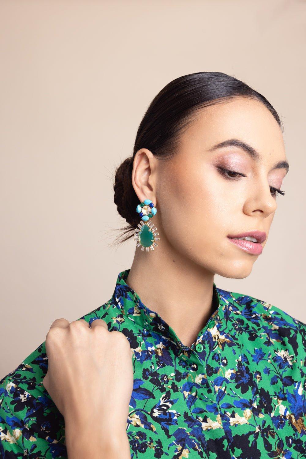 BOUNKIT JEWELRY-Clear Quartz and Green Onyx Earring Set-GREEN