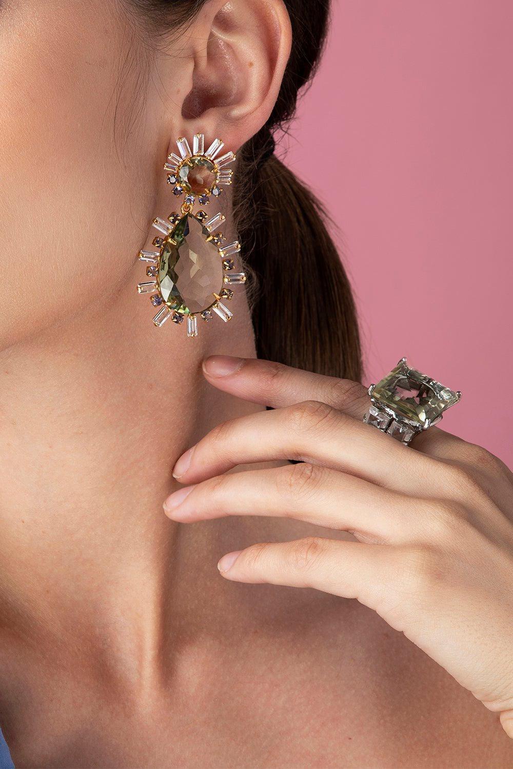 BOUNKIT JEWELRY-Clear Quartz Green Amethyst Earrings-GREEN
