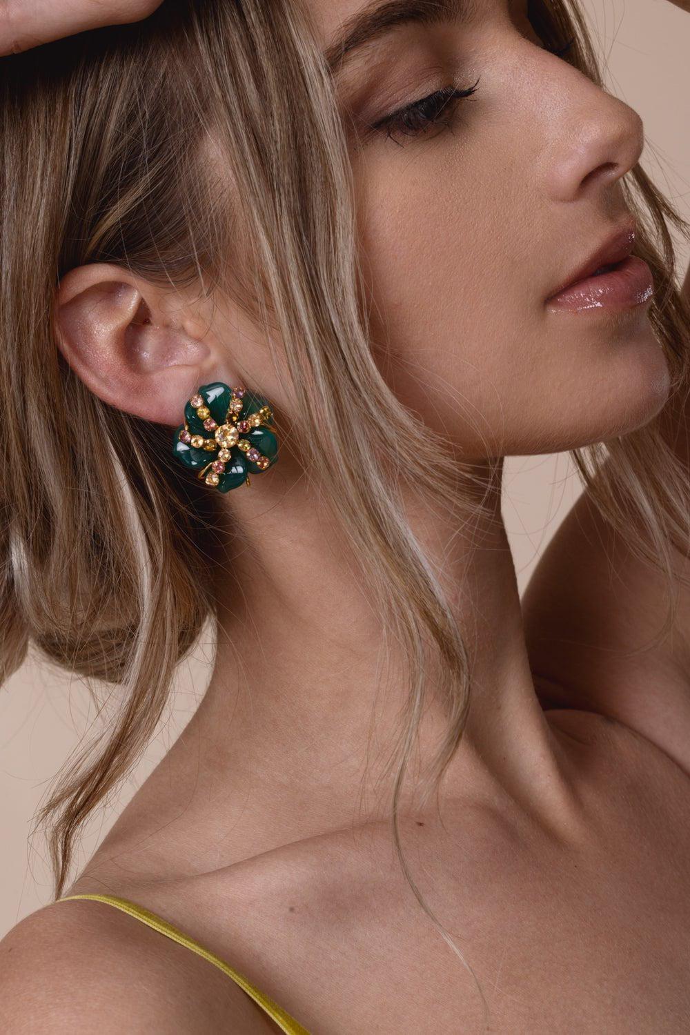 BOUNKIT JEWELRY-Green Agate Flower Earrings-GREEN