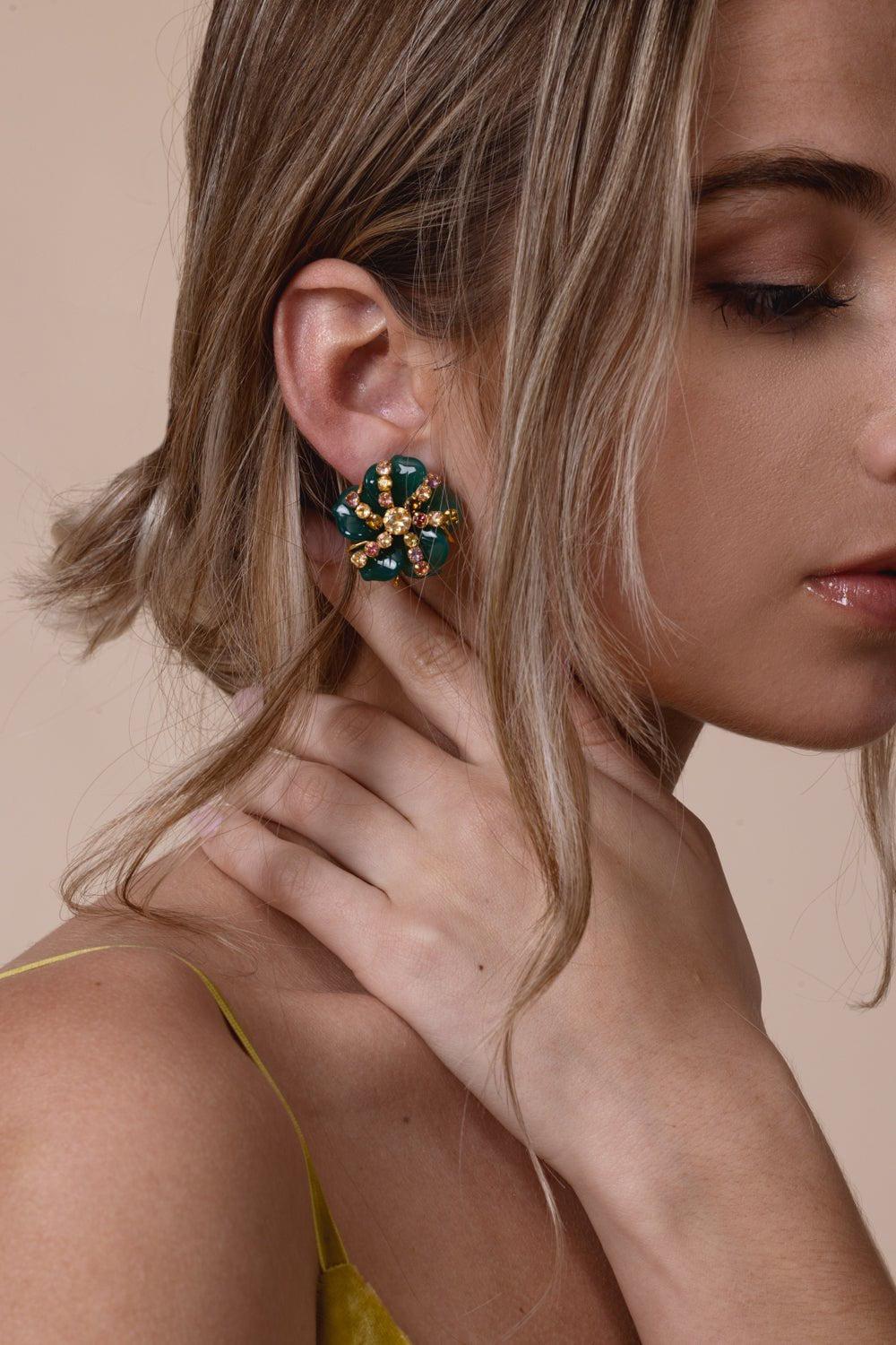 BOUNKIT JEWELRY-Green Agate Flower Earrings-GREEN