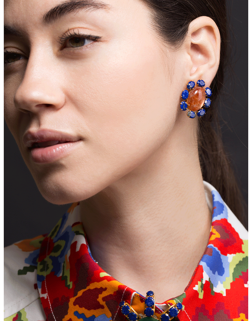 BOUNKIT JEWELRY-Sunstone and Lapis Flower Earrings-IOLITE