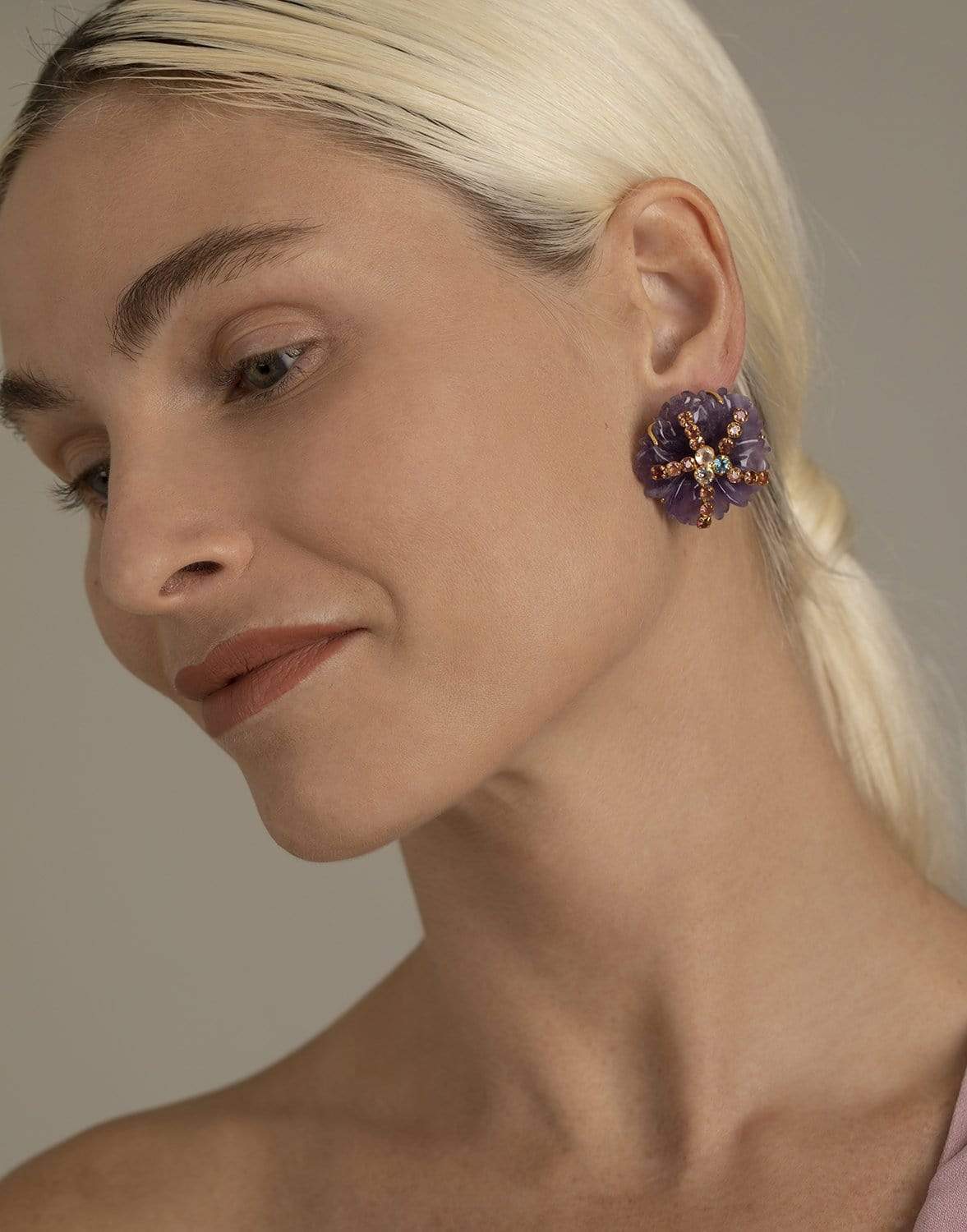BOUNKIT JEWELRY-Amethyst, Swiss Blue Topaz & Peridot Flower Earrings-LAVANDER
