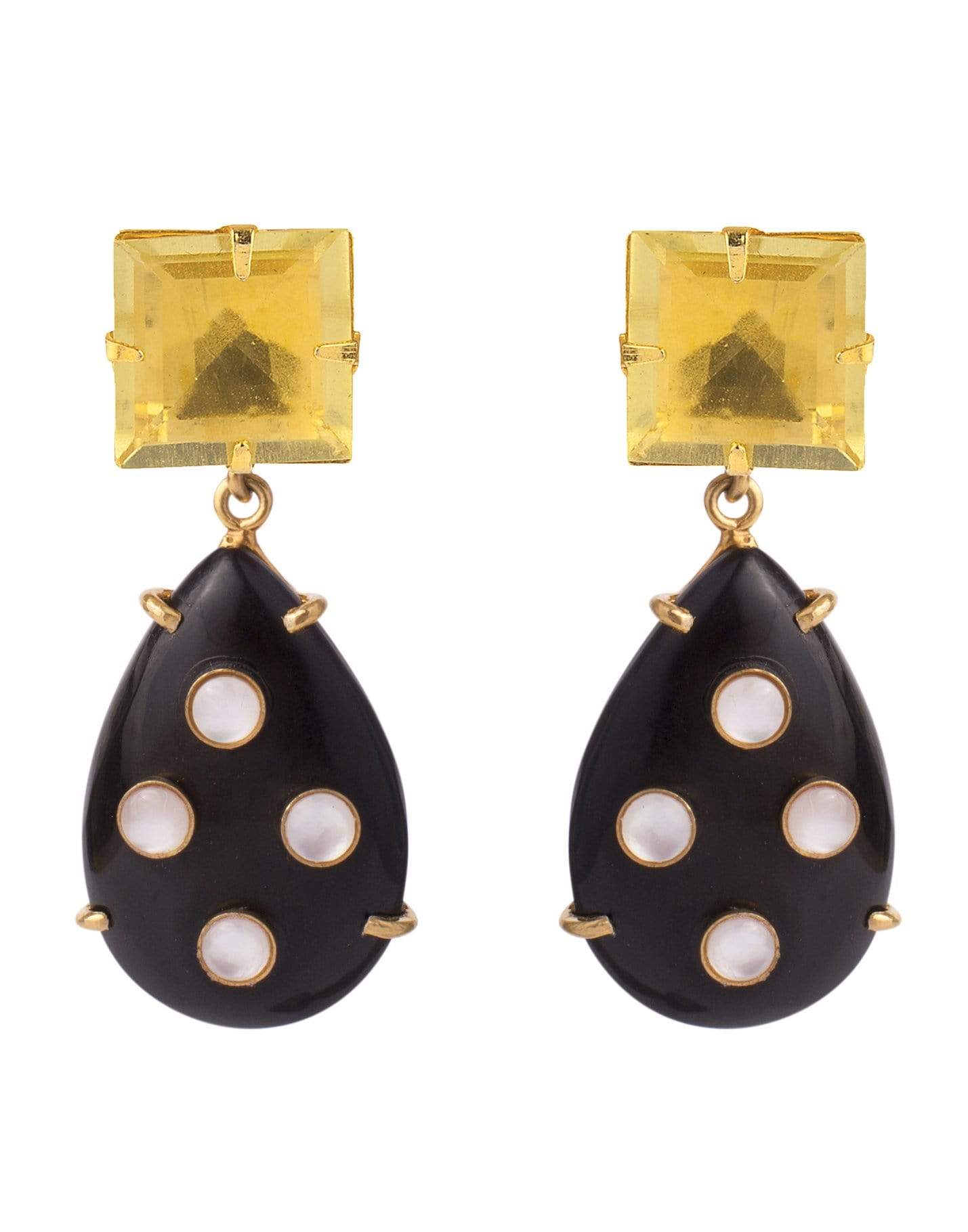BOUNKIT JEWELRY-2-in-1 Lemon Quartz, Black Horn, and White Pearl Earrings-LEMON