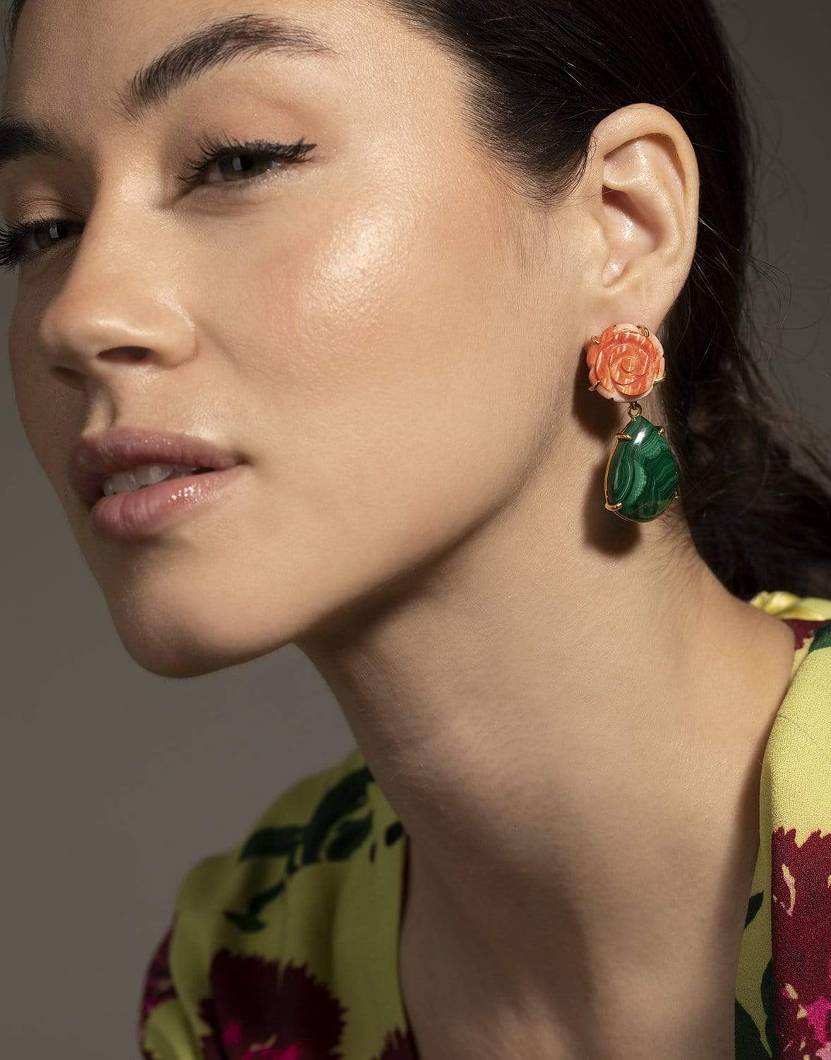 BOUNKIT JEWELRY-Orange Sea Shell Flower & Malachite Earrings-MALACHIT