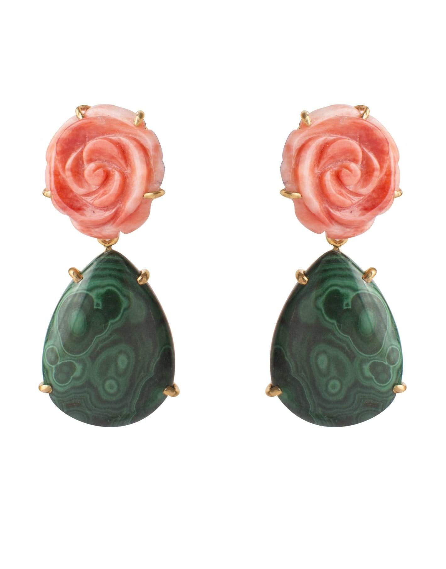 BOUNKIT JEWELRY-Orange Sea Shell Flower & Malachite Earrings-MALACHIT
