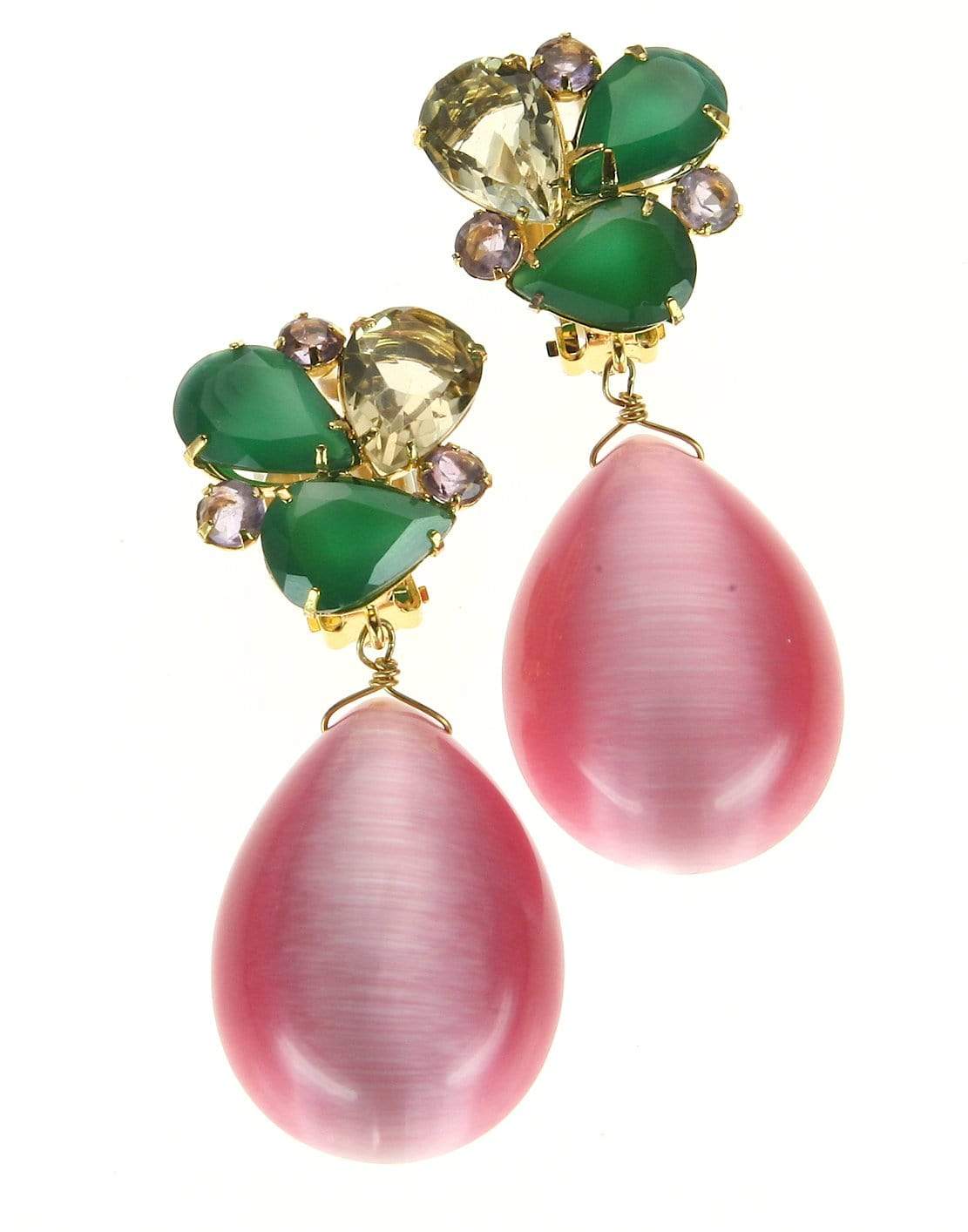 BOUNKIT JEWELRY-Green Onyx, Citrine & Pink Cat's Eye Drop Earrings-PINK