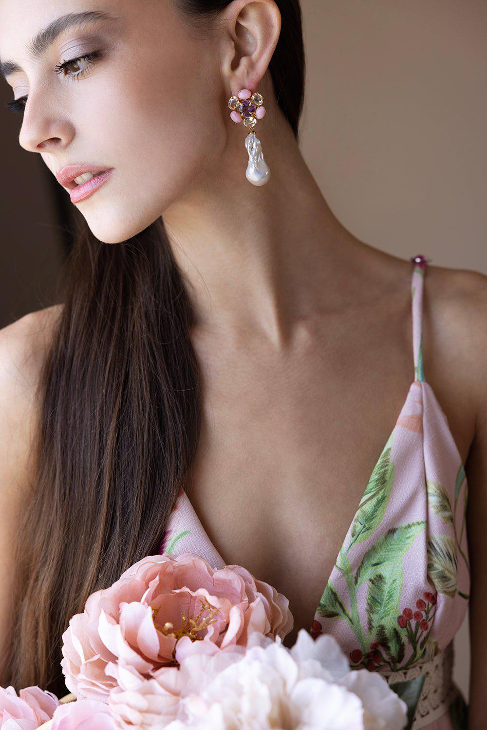 BOUNKIT JEWELRY-Pink Opal Baroque Pearl Earrings-PINK