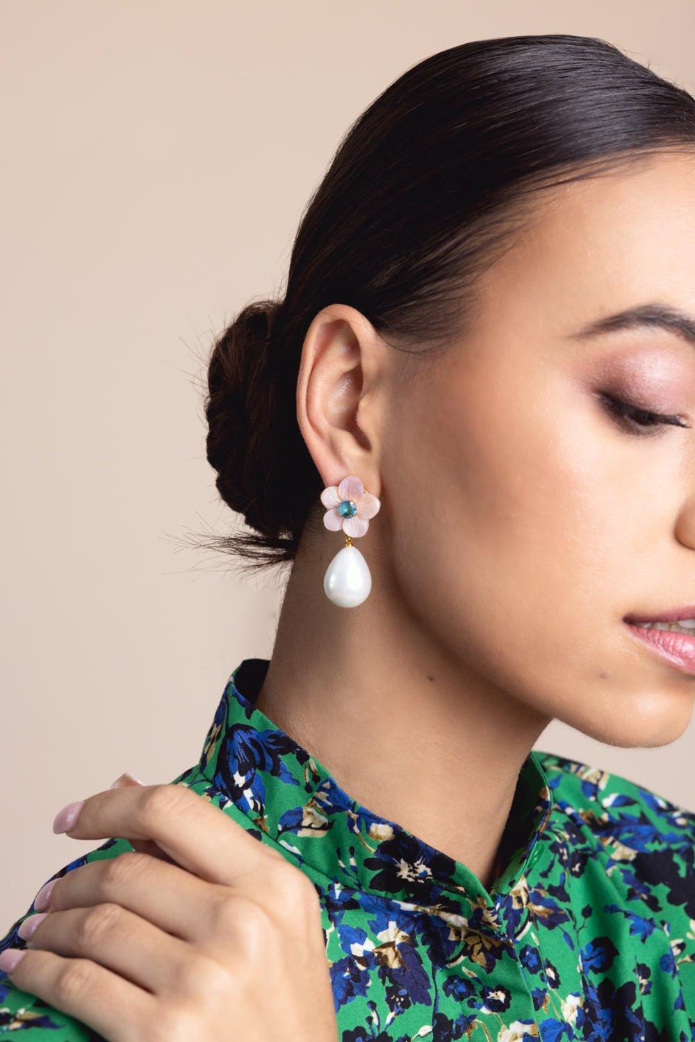 BOUNKIT JEWELRY-Pink Pearl Seashell Drop Earrings-PINK