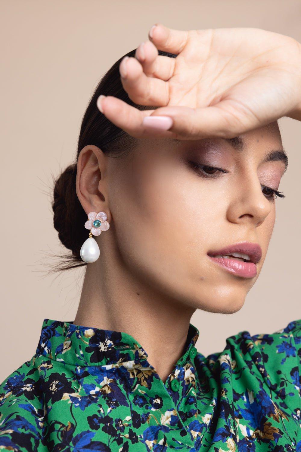 BOUNKIT JEWELRY-Pink Pearl Seashell Drop Earrings-PINK