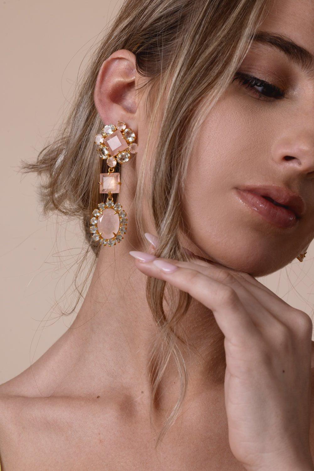 BOUNKIT JEWELRY-Rose Quartz Amethyst Moonstone Drop Earrings-PINK
