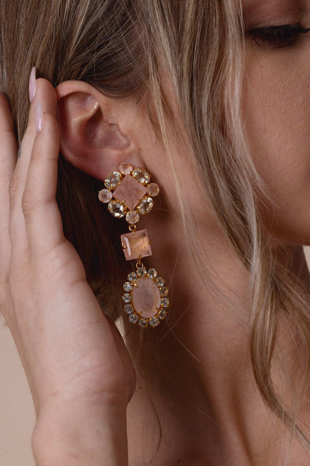 BOUNKIT JEWELRY-Rose Quartz Amethyst Moonstone Drop Earrings-PINK