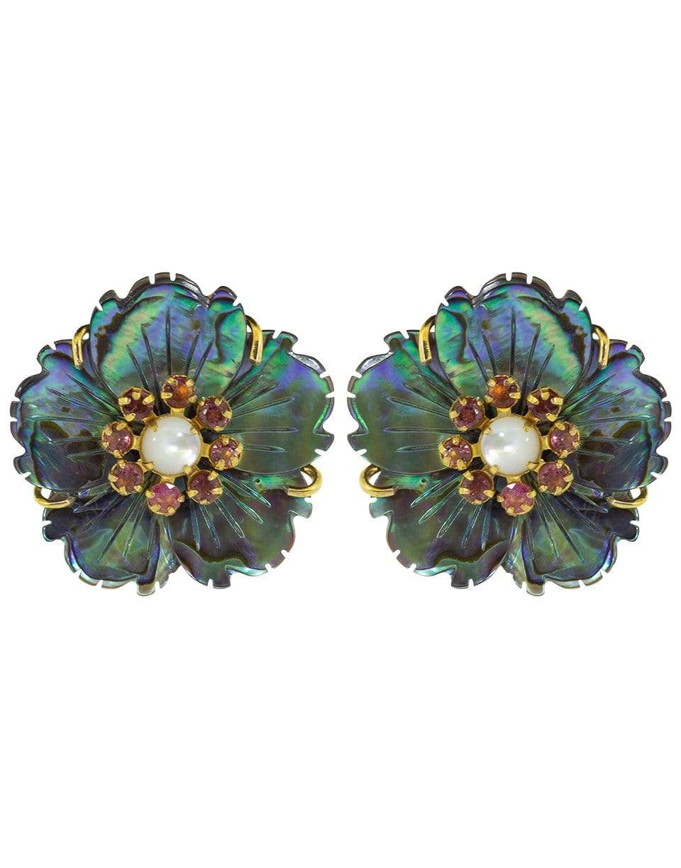 BOUNKIT JEWELRY-Carved Grey Mother of Pearl Flower Clip On Earrings-PNK/WHT