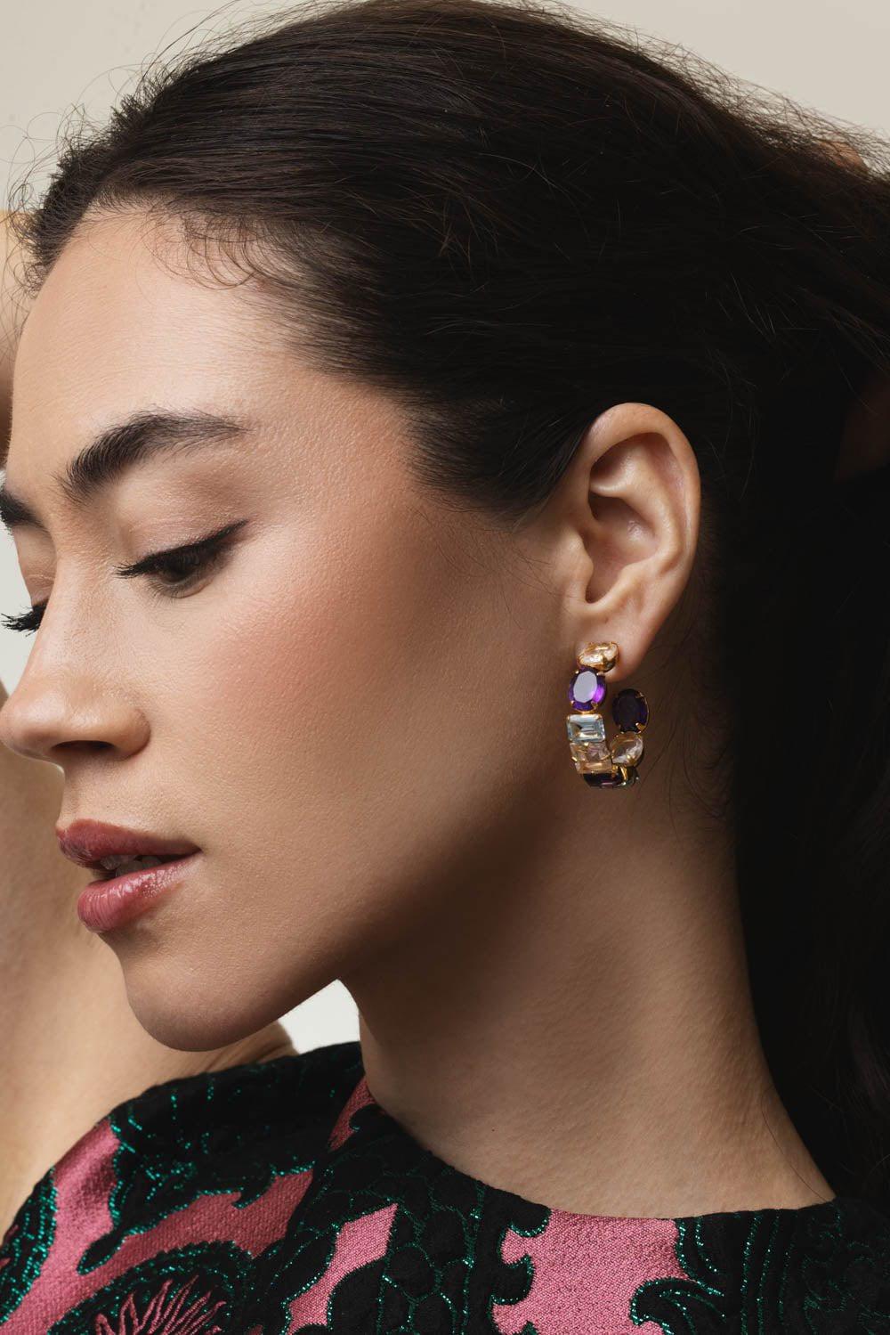 BOUNKIT JEWELRY-Amethyst Quartz Hoop Earrings-PURPLE