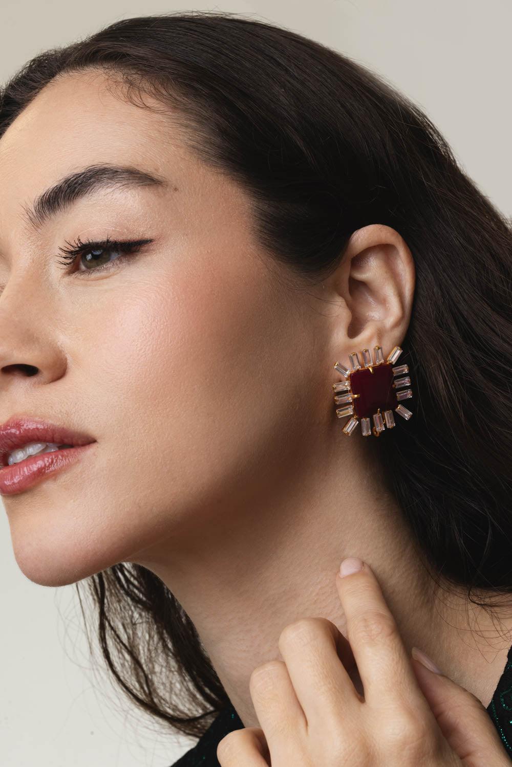 BOUNKIT JEWELRY-Corrundum Cz Earrings-RED