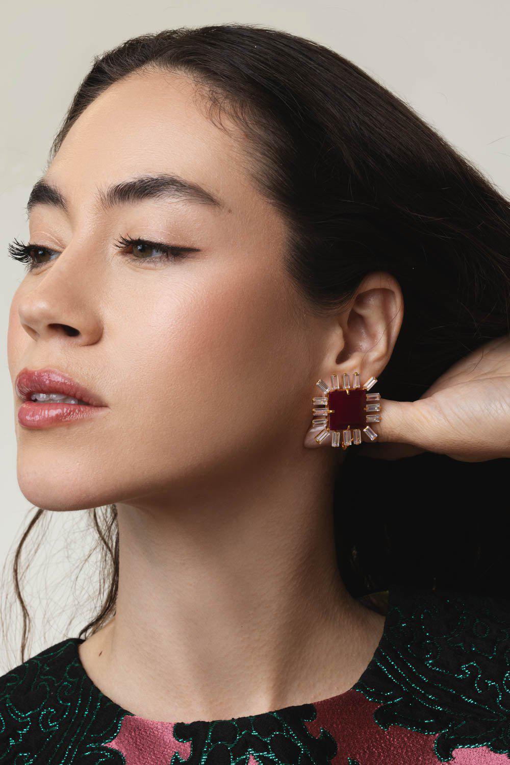 BOUNKIT JEWELRY-Corrundum Cz Earrings-RED