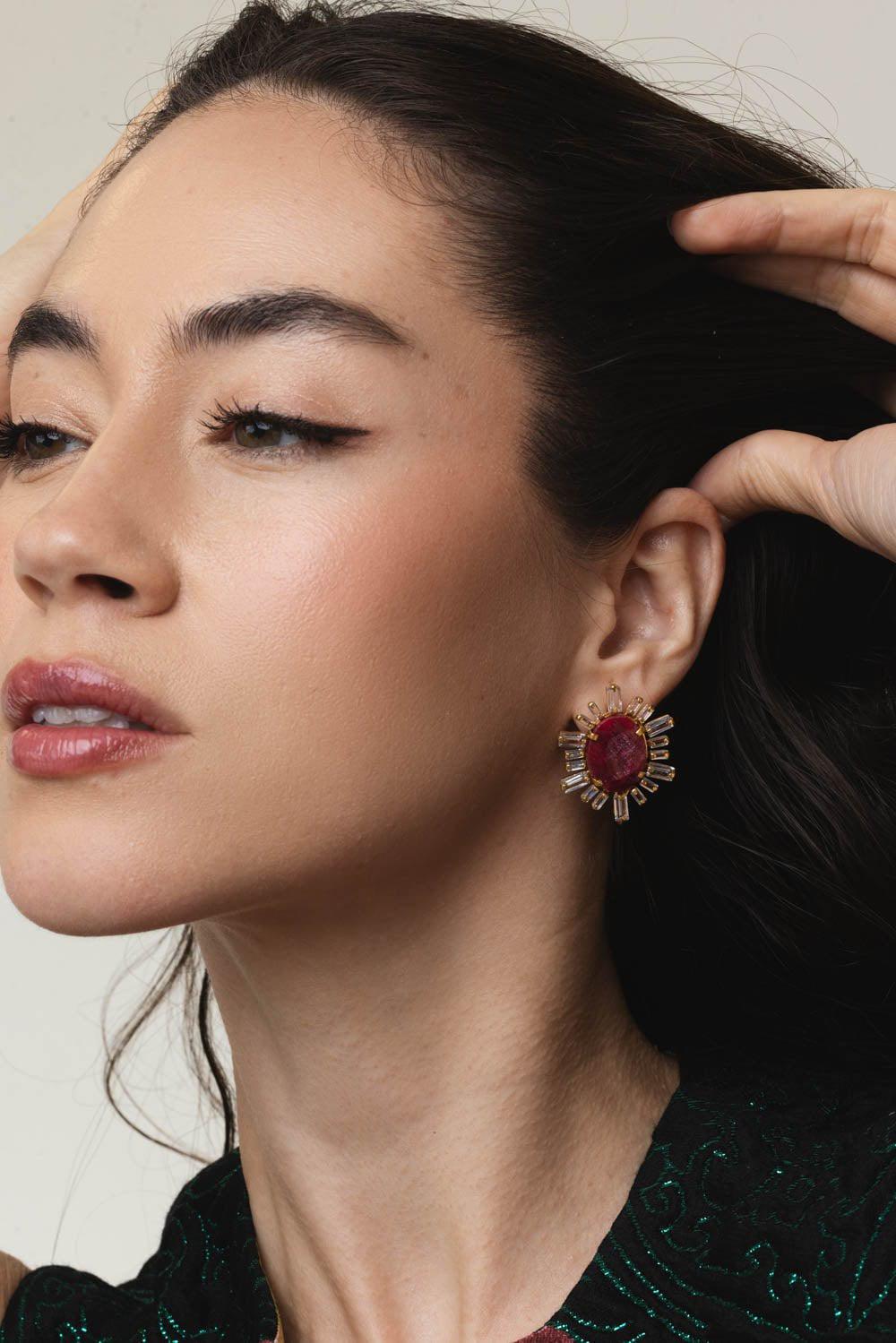 BOUNKIT JEWELRY-Corrundum Cz Earrings-RED