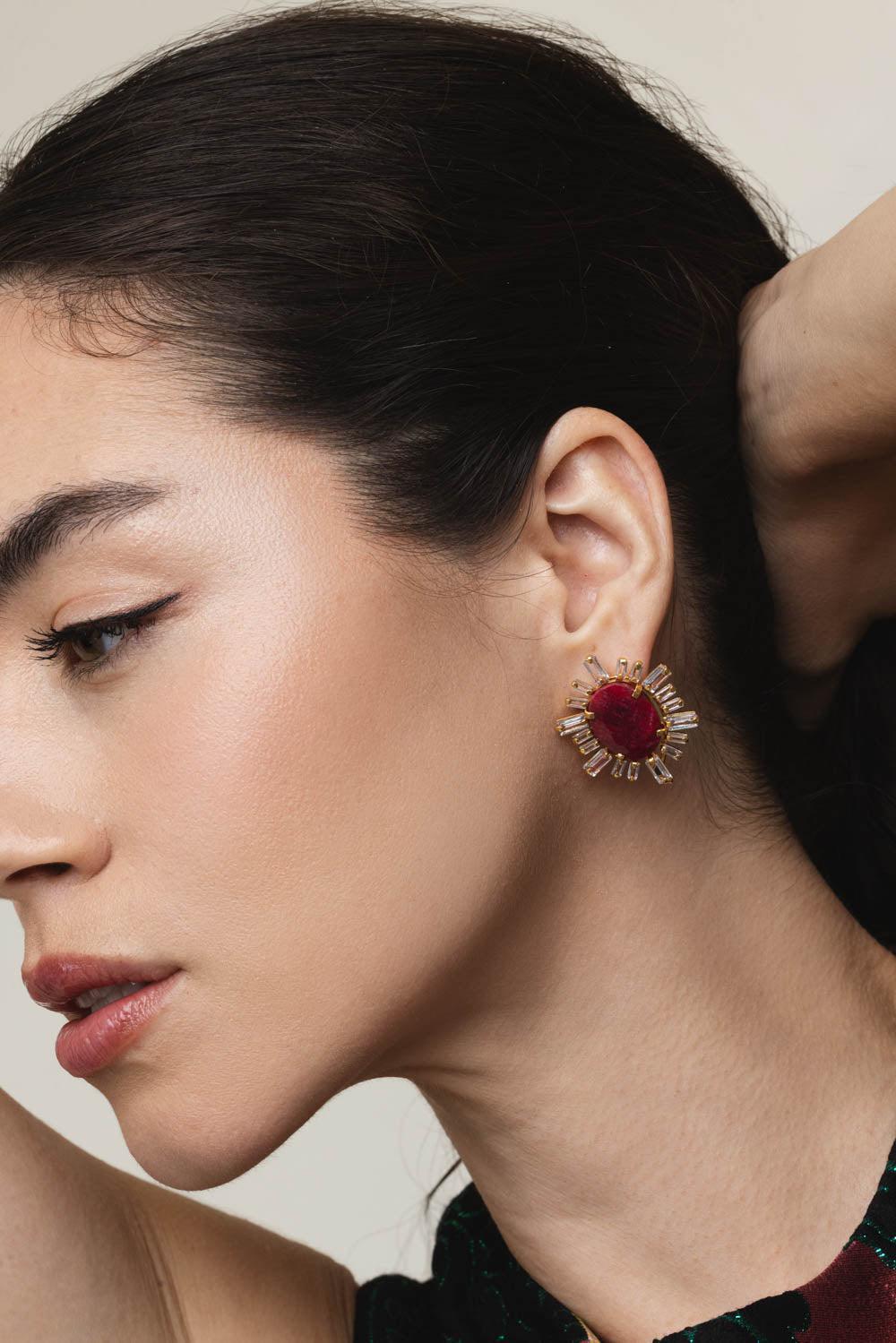 BOUNKIT JEWELRY-Corrundum Cz Earrings-RED