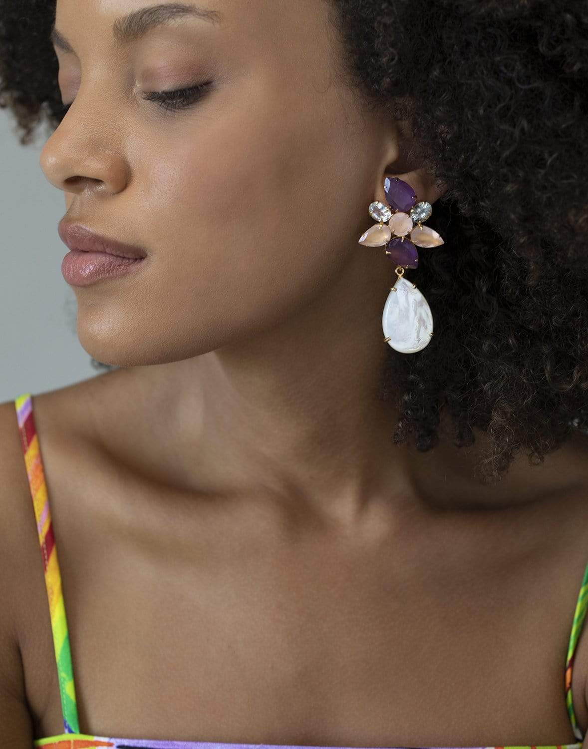 BOUNKIT JEWELRY-2-in-1 Rose Quartz, Amethyst & Aquamarine Earrings-ROSE
