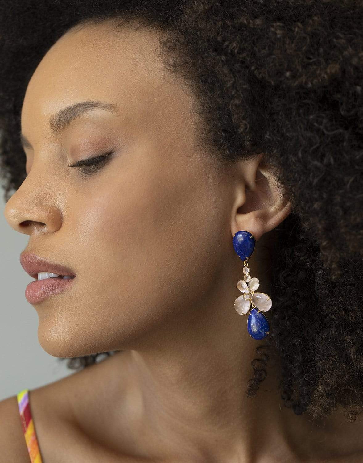 BOUNKIT JEWELRY-4-in-1 Rose Quartz and Lapis Earrings-ROSE