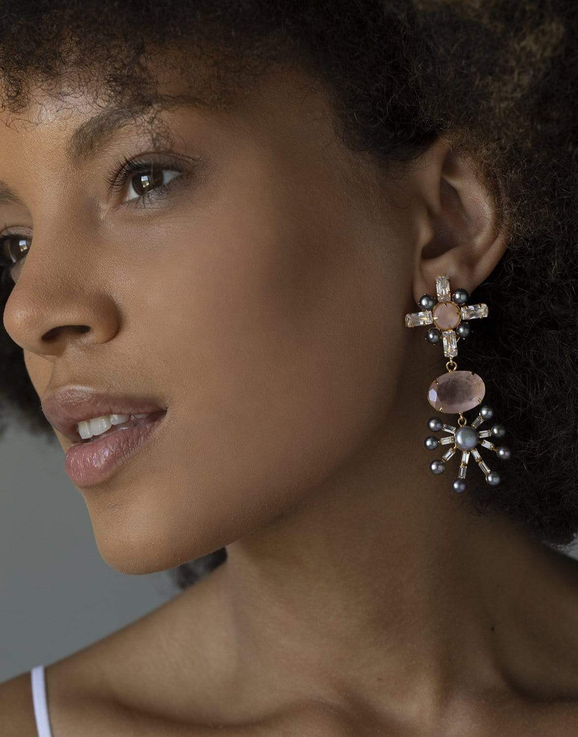 BOUNKIT JEWELRY-Rose Quartz & Grey Fresh Water Pearls Versatile Earrings-ROSE