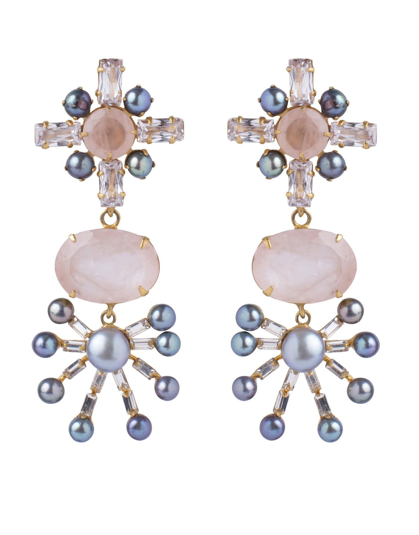 BOUNKIT JEWELRY-Rose Quartz & Grey Fresh Water Pearls Versatile Earrings-ROSE