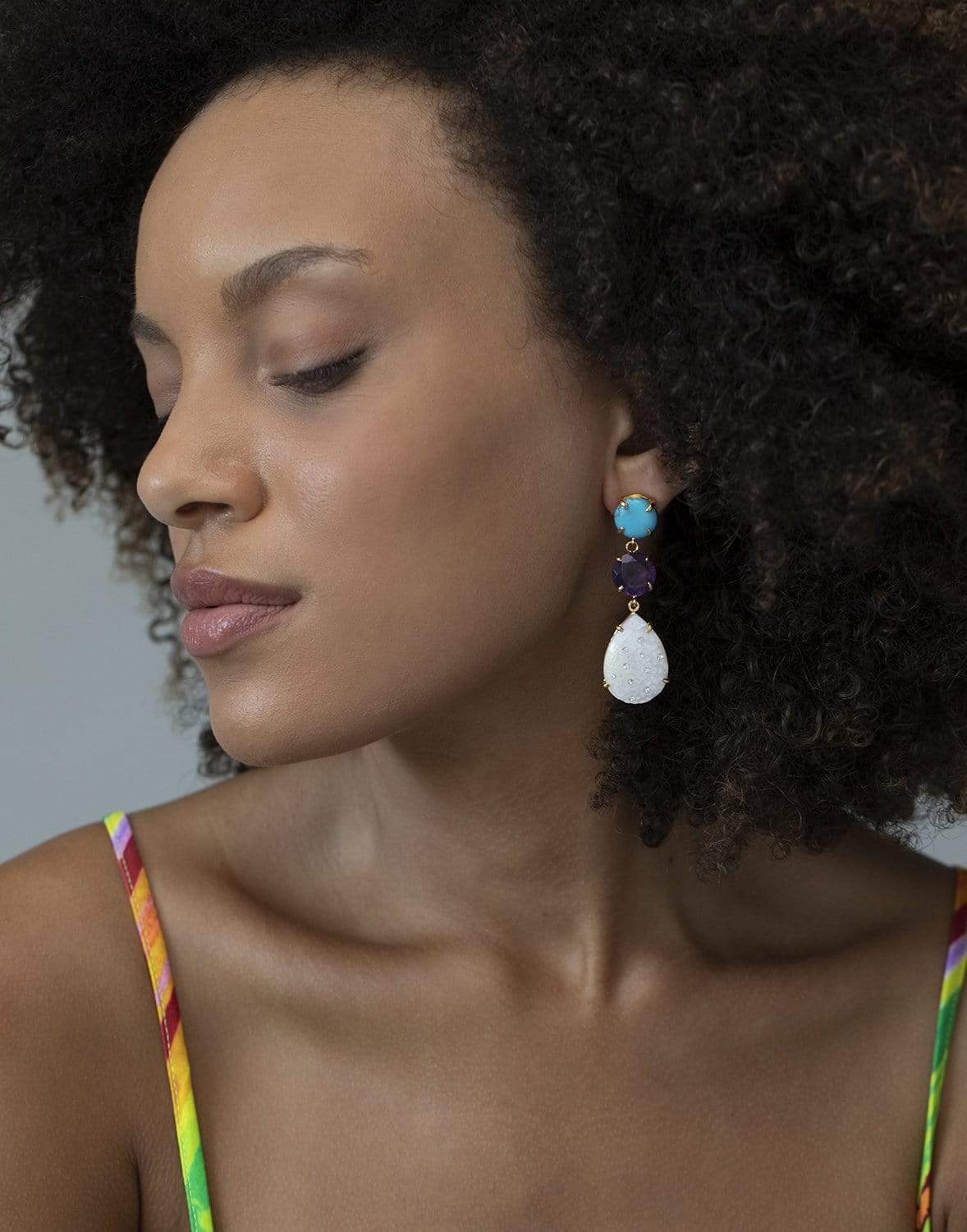 BOUNKIT JEWELRY-4-in-1 Amethyst, Turquoise & Carved Mother of Pearl Earrings-TURQ