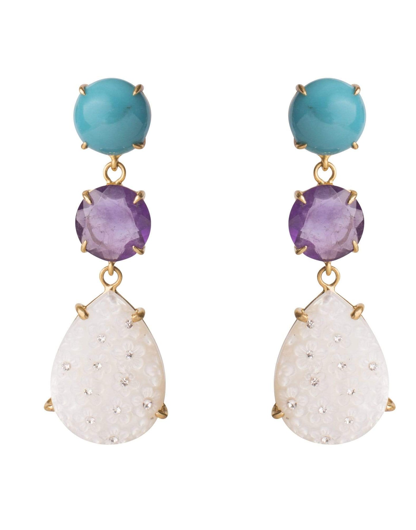 BOUNKIT JEWELRY-4-in-1 Amethyst, Turquoise & Carved Mother of Pearl Earrings-TURQ