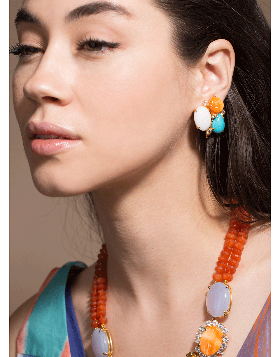 BOUNKIT JEWELRY-White Agate Clip Earrings-TURQ/WHT
