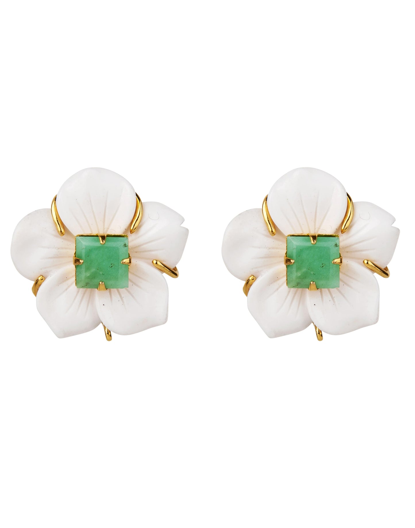 BOUNKIT JEWELRY-Carved White Agate & Chrysoprase Flower Earrings-WHITE
