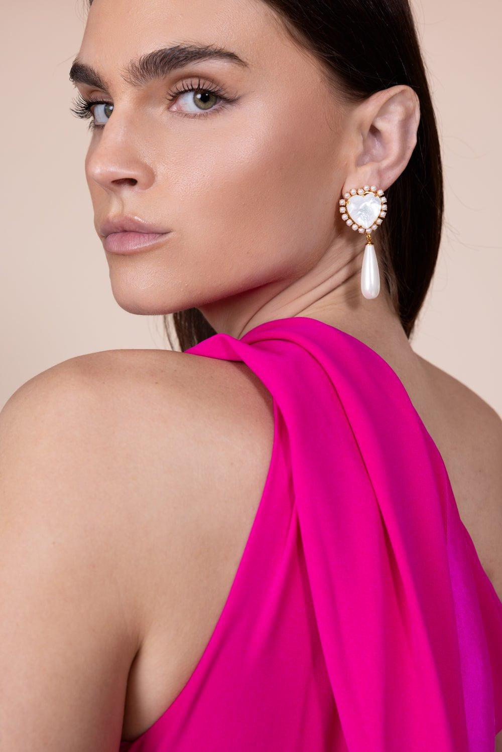 BOUNKIT JEWELRY-Pearl Heart Drop Earrings-WHITE