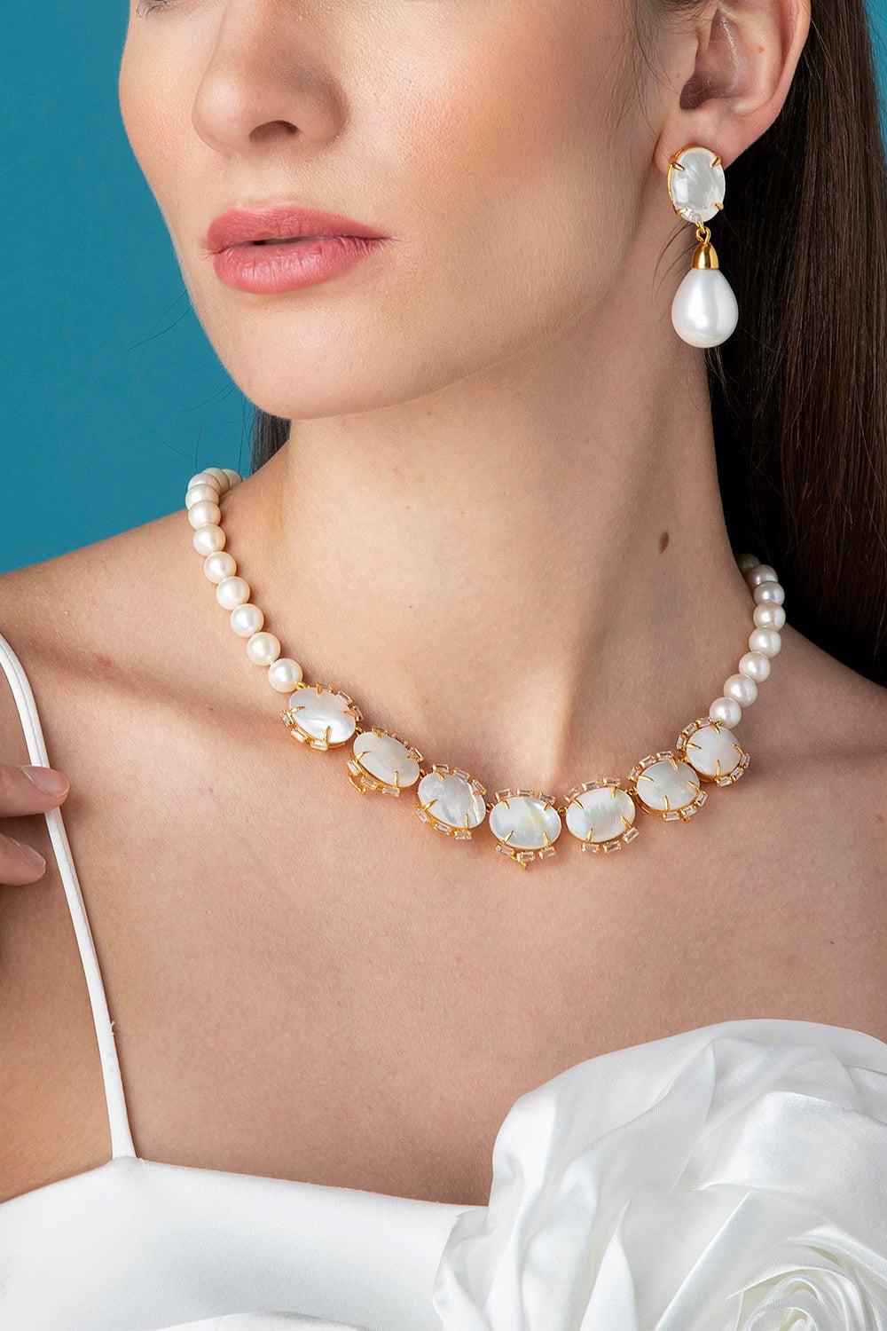 BOUNKIT JEWELRY-Quartz Pearl Three Drop Earrings-WHITE