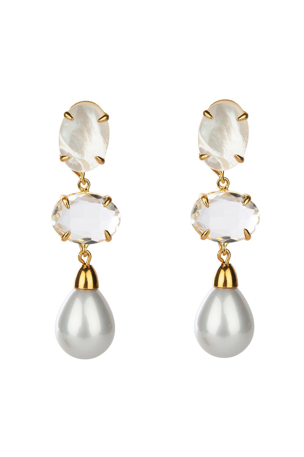 BOUNKIT JEWELRY-Quartz Pearl Three Drop Earrings-WHITE