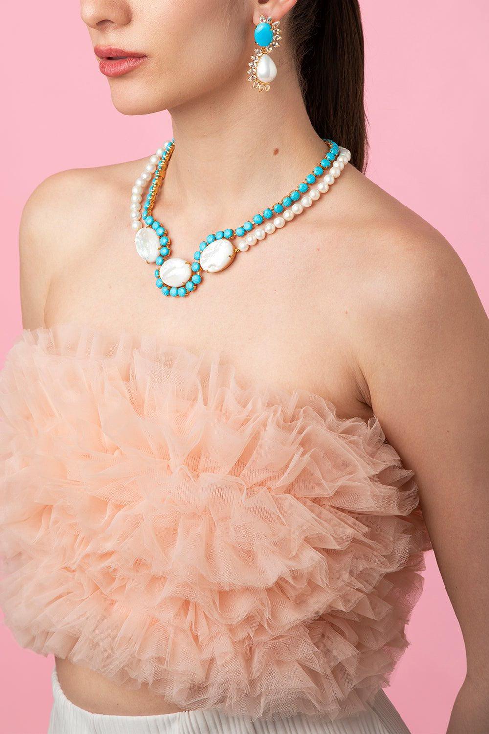 BOUNKIT JEWELRY-Turquoise Pearl Drop Earrings-WHITE