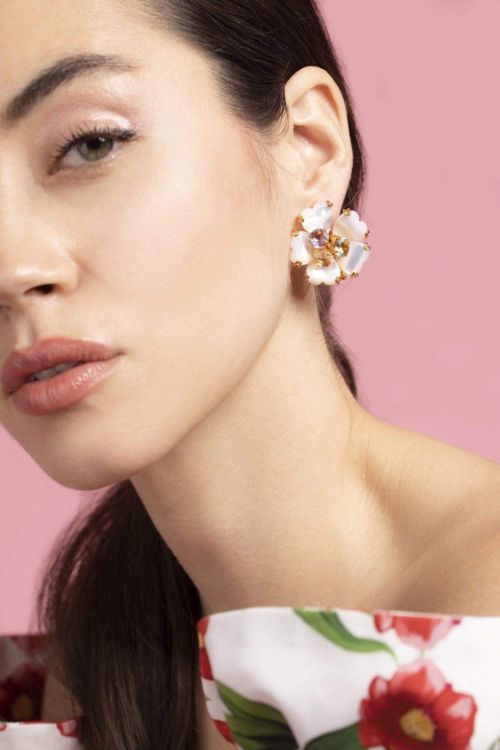 BOUNKIT JEWELRY-Amethyst, Green Amethyst & Mother of Pearl Flower Earrings-WHT/MULT