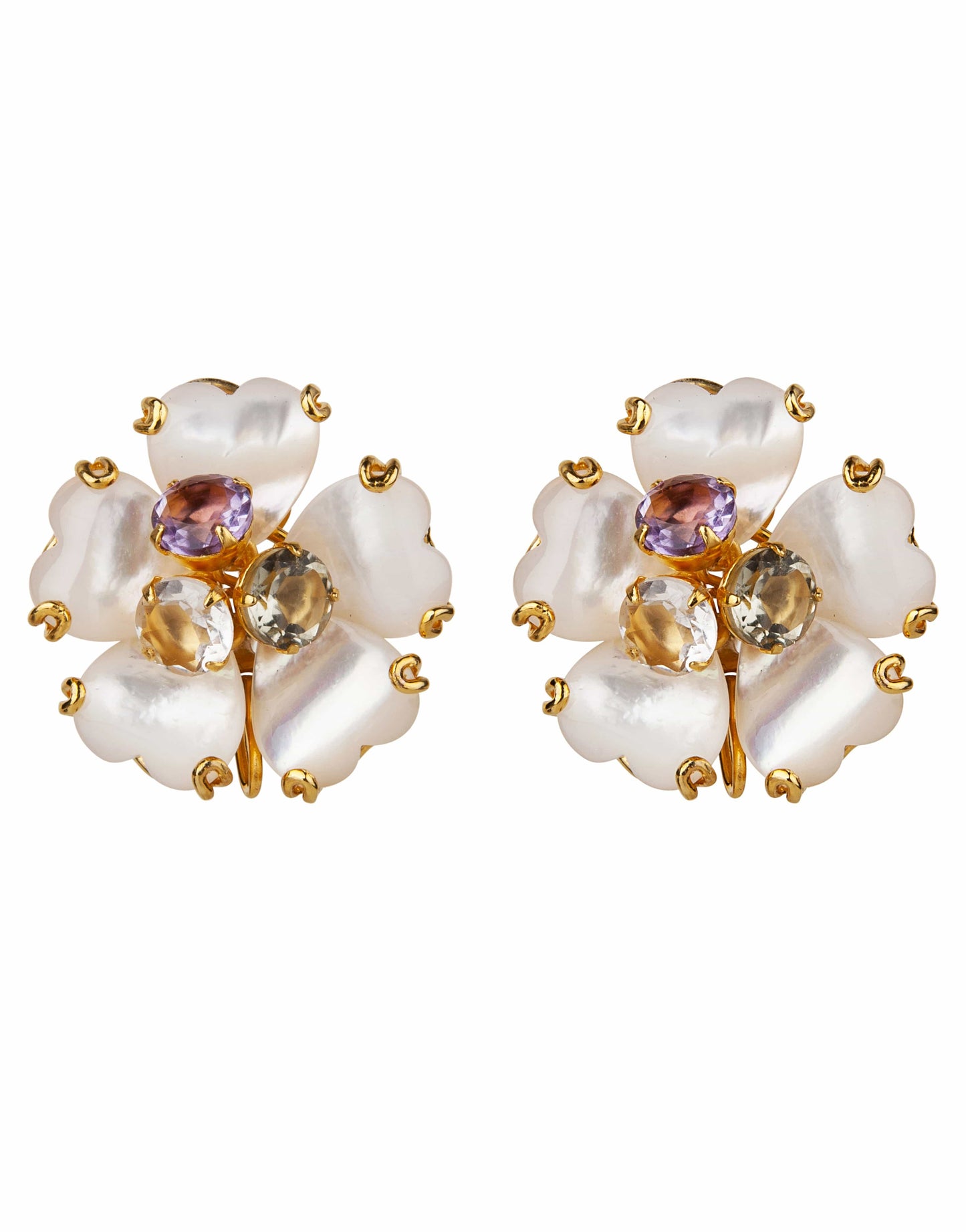 BOUNKIT JEWELRY-Amethyst, Green Amethyst & Mother of Pearl Flower Earrings-WHT/MULT