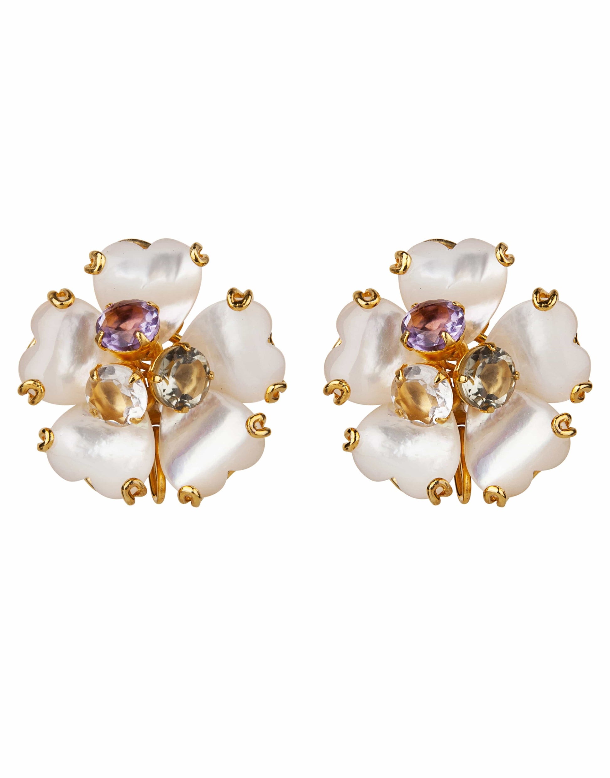 BOUNKIT JEWELRY-Amethyst, Green Amethyst & Mother of Pearl Flower Earrings-WHT/MULT